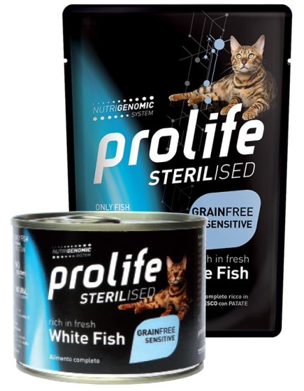 PROLIFE GATTO STERILISED ADULT PESCE BIANCO E PATATE 85GR UMIDO